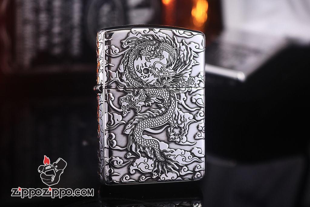 Zippo Bạc Nguyên Khối Cao Cấp Khắc Hình Rồng May Mắn Ôm Ngọc Phiên Bản Giới Hạn