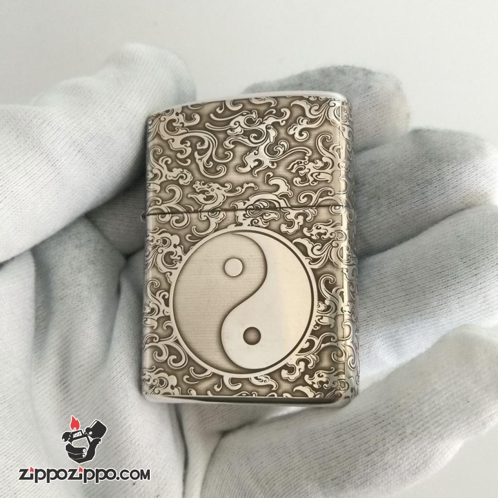 Bật Lửa Zippo Bạc Nguyên Khối Cao Cấp Khắc Bát Quái Âm Dương Armor