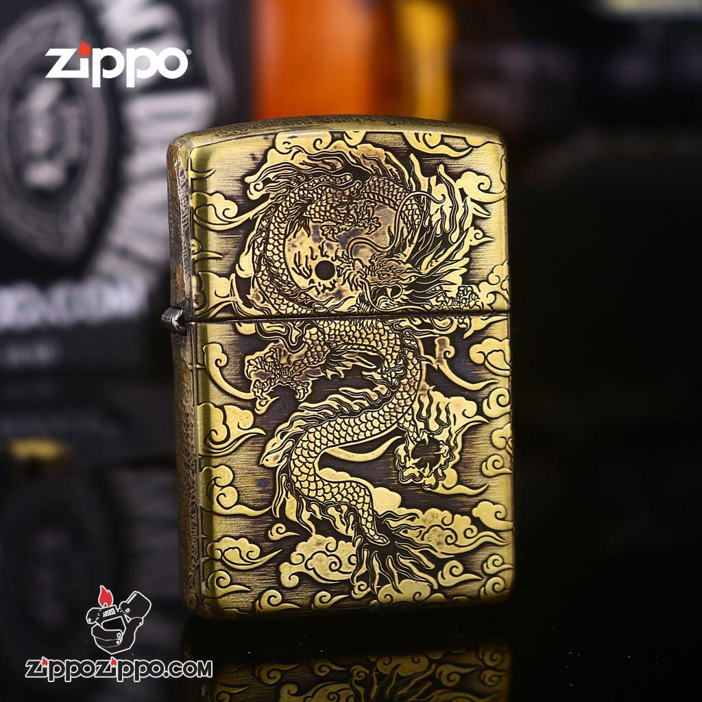 Bật lửa Zippo phiên bản đồng cổ nguyên khối khắc Rồng nhả ngọc