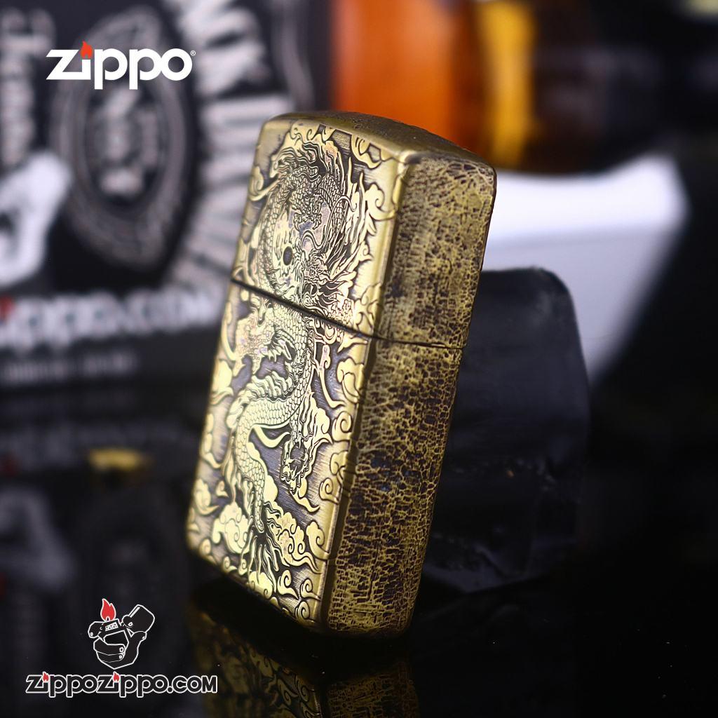 Bật lửa Zippo phiên bản đồng cổ nguyên khối khắc Rồng nhả ngọc