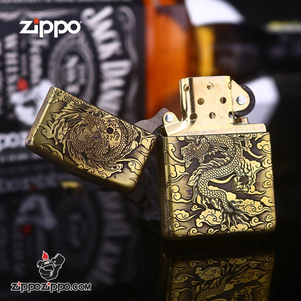 Bật lửa Zippo phiên bản đồng cổ nguyên khối khắc Rồng nhả ngọc