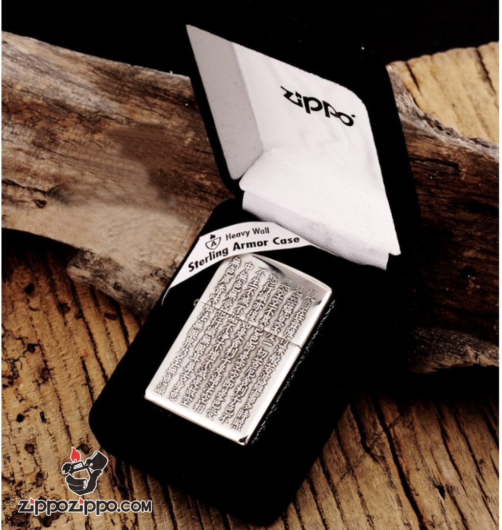 Bật Lửa Zippo Bạc Nguyên Khối Cao Cấp Khắc Bát Nhã Tâm Kinh Bản Nổi Vỏ Dầy Bản Armor