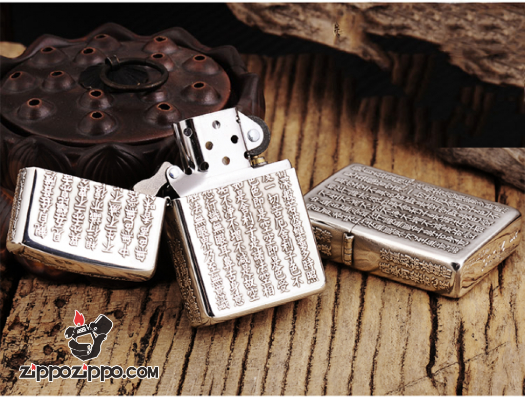 Bật Lửa Zippo Bạc Nguyên Khối Cao Cấp Khắc Bát Nhã Tâm Kinh Bản Nổi Vỏ Dầy Bản Armor