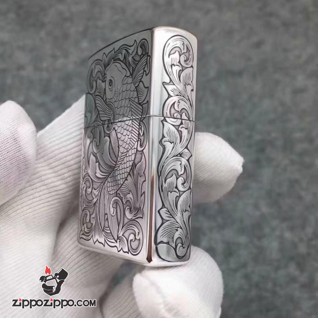 Bật Lửa Zippo Bạc Nguyên Khối Cao Cấp Khắc Cá Chép Vỏ Dầy Bản  Armor
