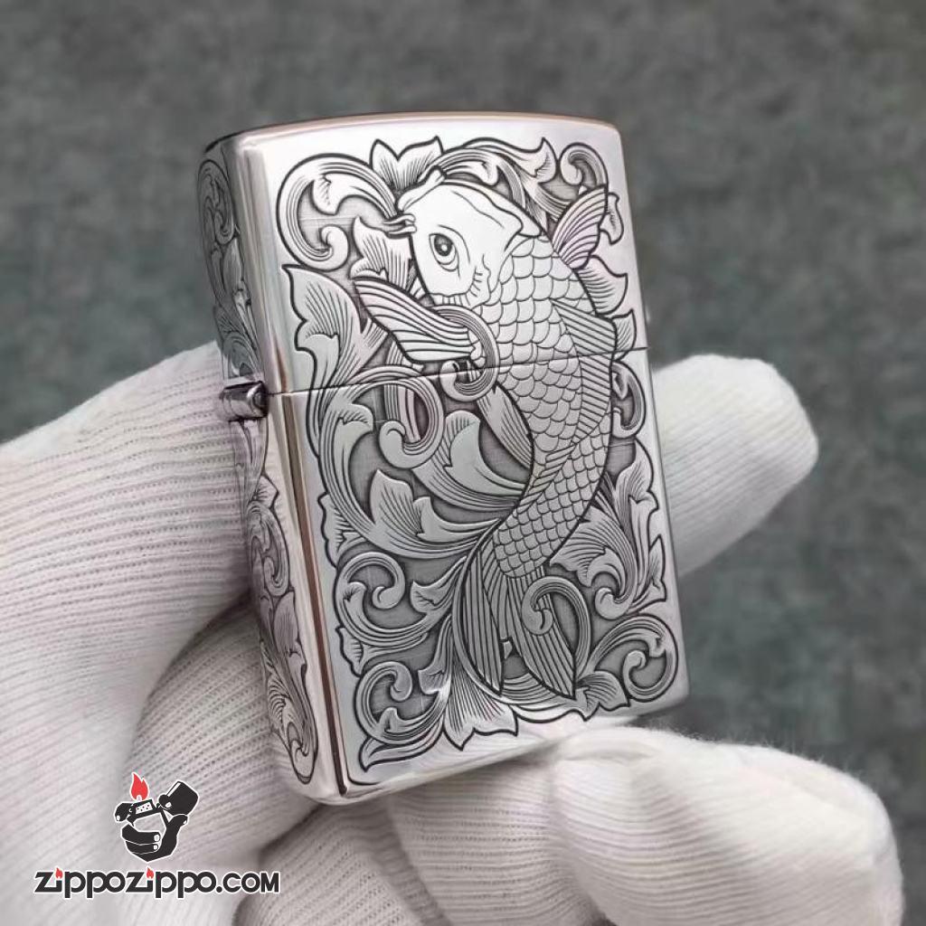 Bật Lửa Zippo Bạc Nguyên Khối Cao Cấp Khắc Cá Chép Vỏ Dầy Bản  Armor