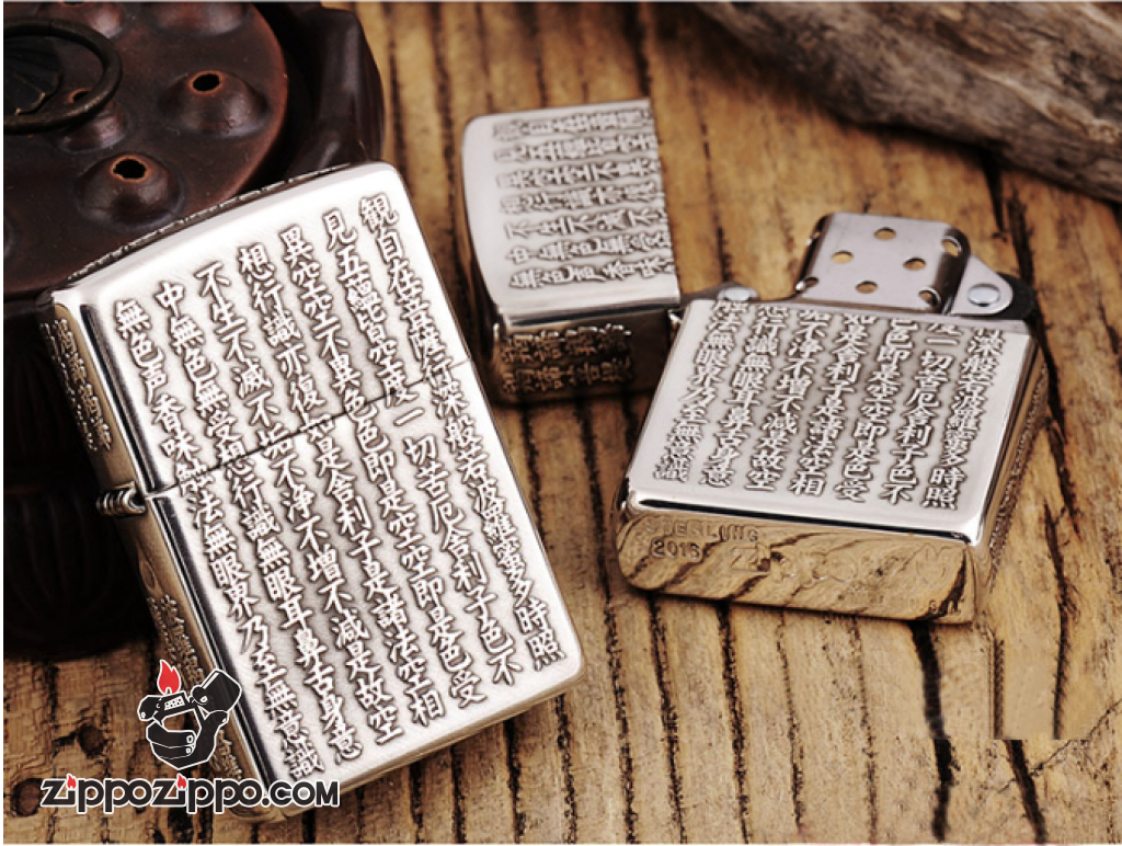 Bật Lửa Zippo Bạc Nguyên Khối Cao Cấp Khắc Bát Nhã Tâm Kinh Bản Nổi Vỏ Dầy Bản Armor