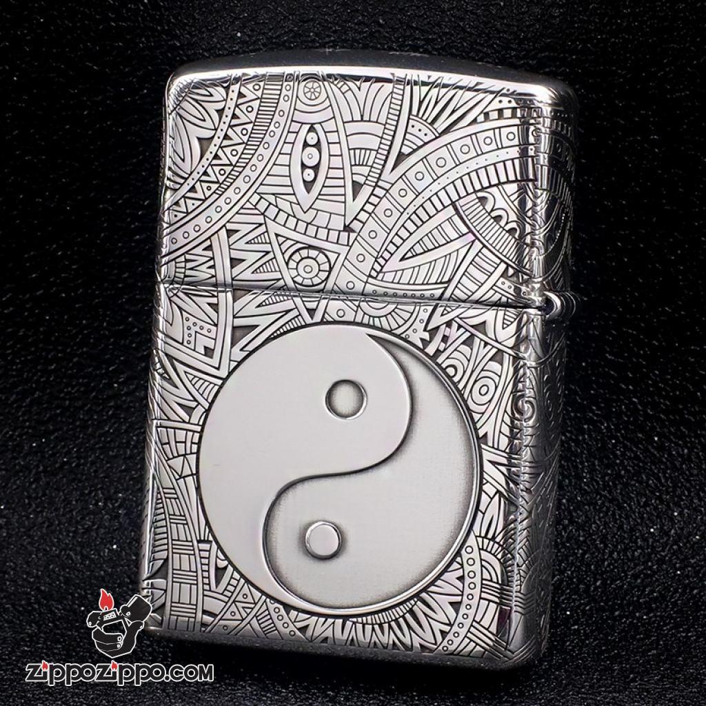 Bật Lửa Zippo Bạc Nguyên Khối Cao Cấp Khắc Hoa Văn Bát Quái Vỏ Dầy Bản Armor