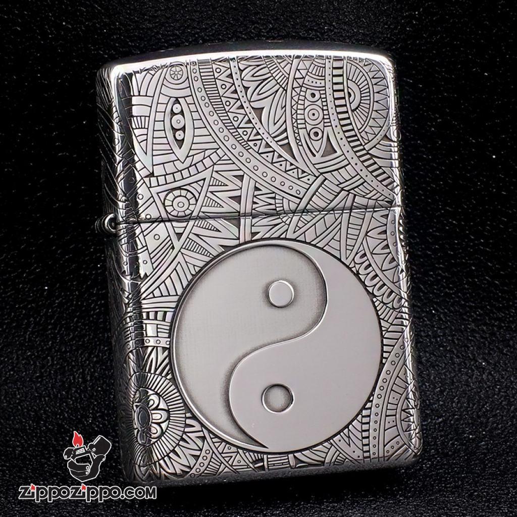 Bật Lửa Zippo Bạc Nguyên Khối Cao Cấp Khắc Hoa Văn Bát Quái Vỏ Dầy Bản Armor