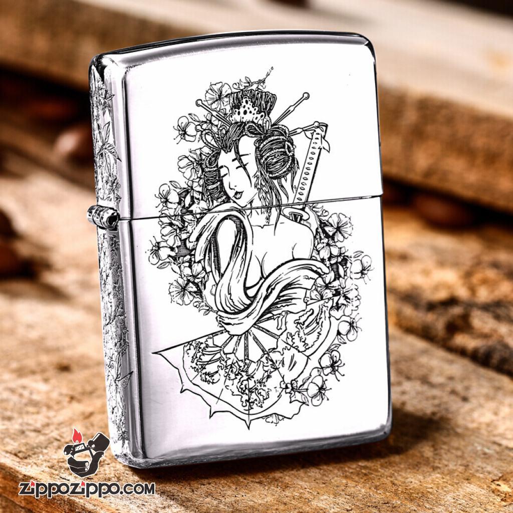 Bật Lửa Zippo Bạc Nguyên Khối Cao Cấp Chạm Khắc  Nữ Chiến Binh Samurai Vỏ Dầy Bản Armor