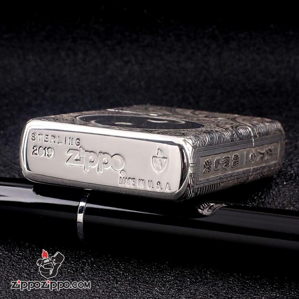 Bật Lửa Zippo Bạc Nguyên Khối Cao Cấp Khắc Hoa Văn Bát Quái Vỏ Dầy Bản Armor