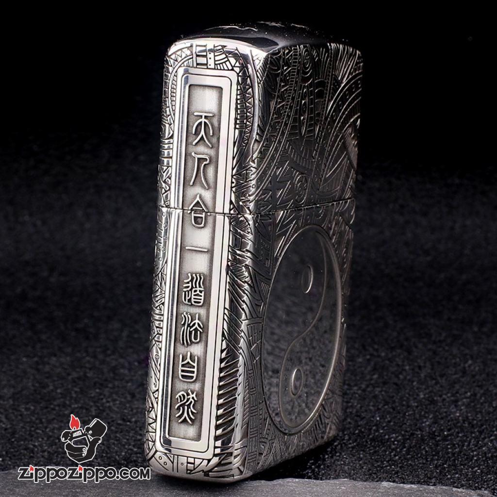 Bật Lửa Zippo Bạc Nguyên Khối Cao Cấp Khắc Hoa Văn Bát Quái Vỏ Dầy Bản Armor