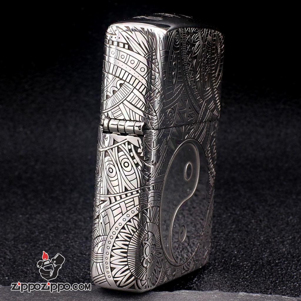 Bật Lửa Zippo Bạc Nguyên Khối Cao Cấp Khắc Hoa Văn Bát Quái Vỏ Dầy Bản Armor