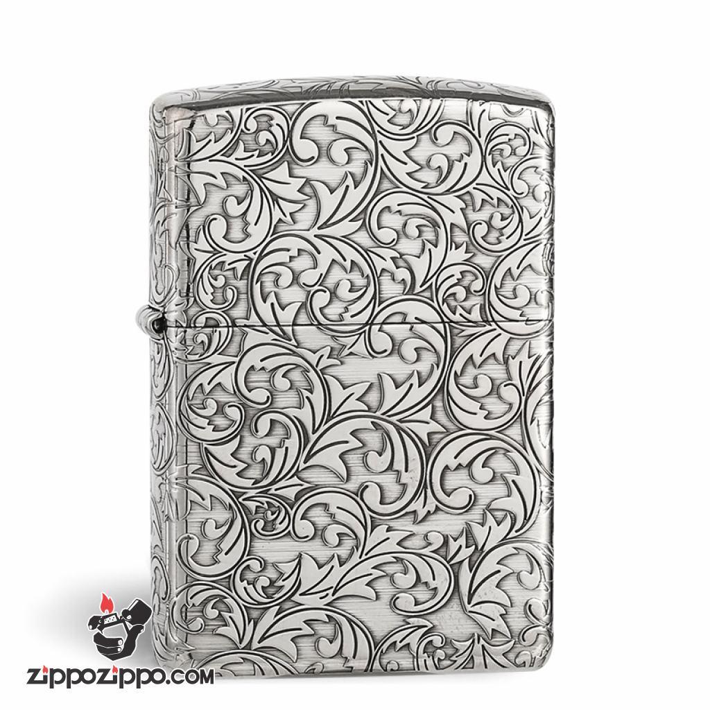 Bật Lửa Zippo Bạc Nguyên Khối Cao Cấp Khắc Hoa Văn Arabesque Vỏ Mỏng