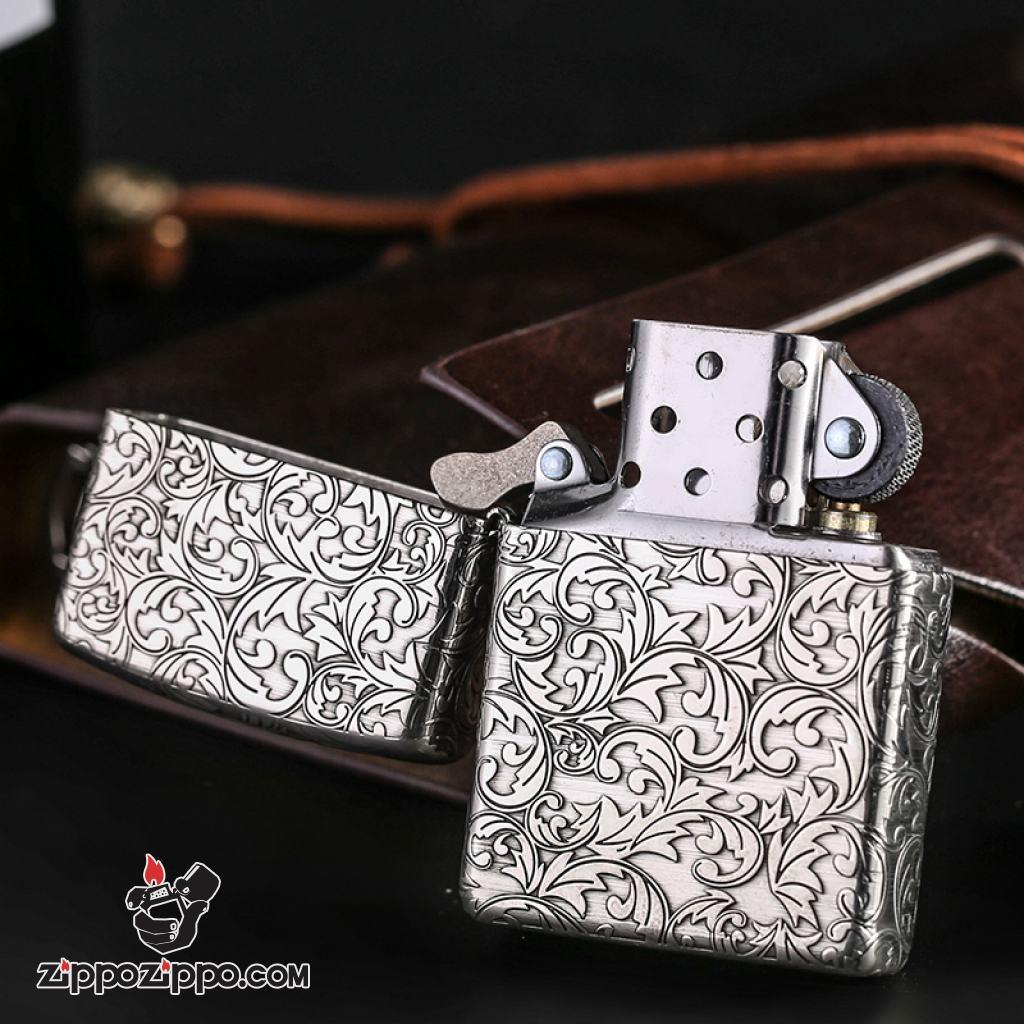 Bật Lửa Zippo Bạc Nguyên Khối Cao Cấp Khắc Hoa Văn Arabesque Vỏ Mỏng