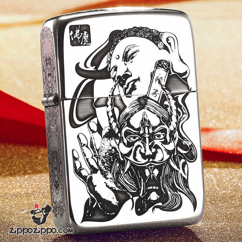 Bật Lửa Zippo Bạc Nguyên Khối Cao Cấp Khắc Hình Đức Phật Và Ác Quỷ Bản 1941