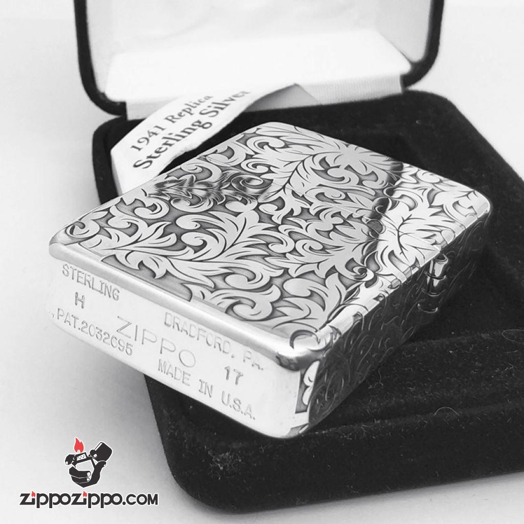 Bật Lửa Zippo Bạc Nguyên Khối Cao Cấp Khắc Hoa Văn Năm Mặt Chạm Khắc Hoa Tangcao Bản 1941