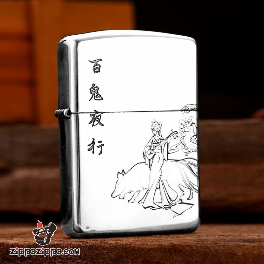 Bật lửa Zippo Bạc Nguyên Khối Cao Cấp Khắc Cô Gái Và Chú Sói Bản Vỏ Mỏng