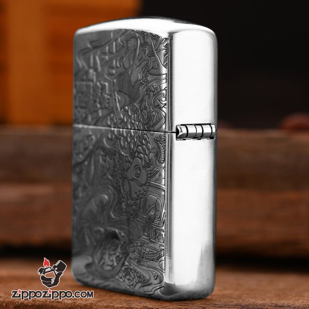 Bật lửa Zippo Bạc Nguyên Khối Cao Cấp Khắc Cô Gái Và Chú Sói Vỏ Dầy Bản Armor