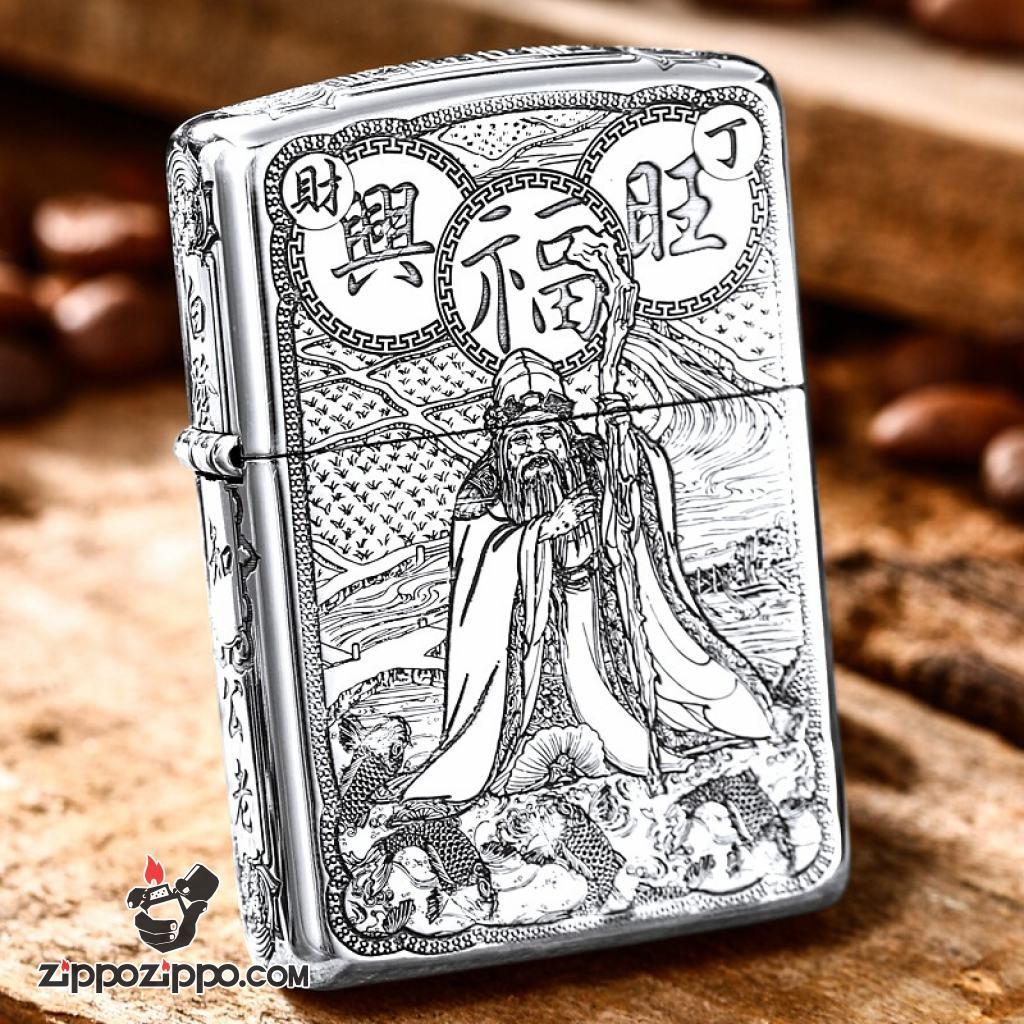 Bật lửa Zippo Bạc Nguyên Khối Cao Cấp Khắc Ông Thổ Địa Bản Vỏ Mỏng