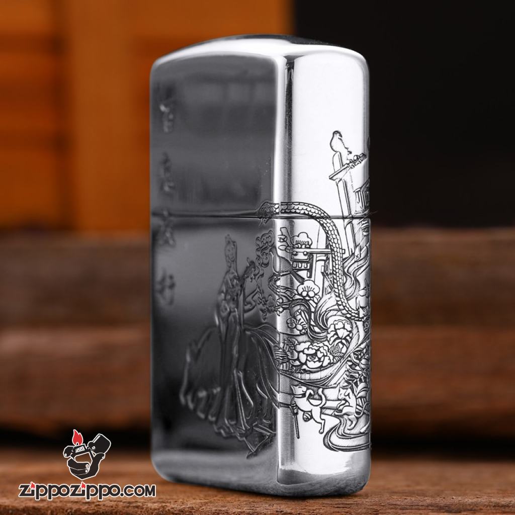 Bật lửa Zippo Bạc Nguyên Khối Cao Cấp Khắc Cô Gái Và Chú Sói Bản Vỏ Mỏng