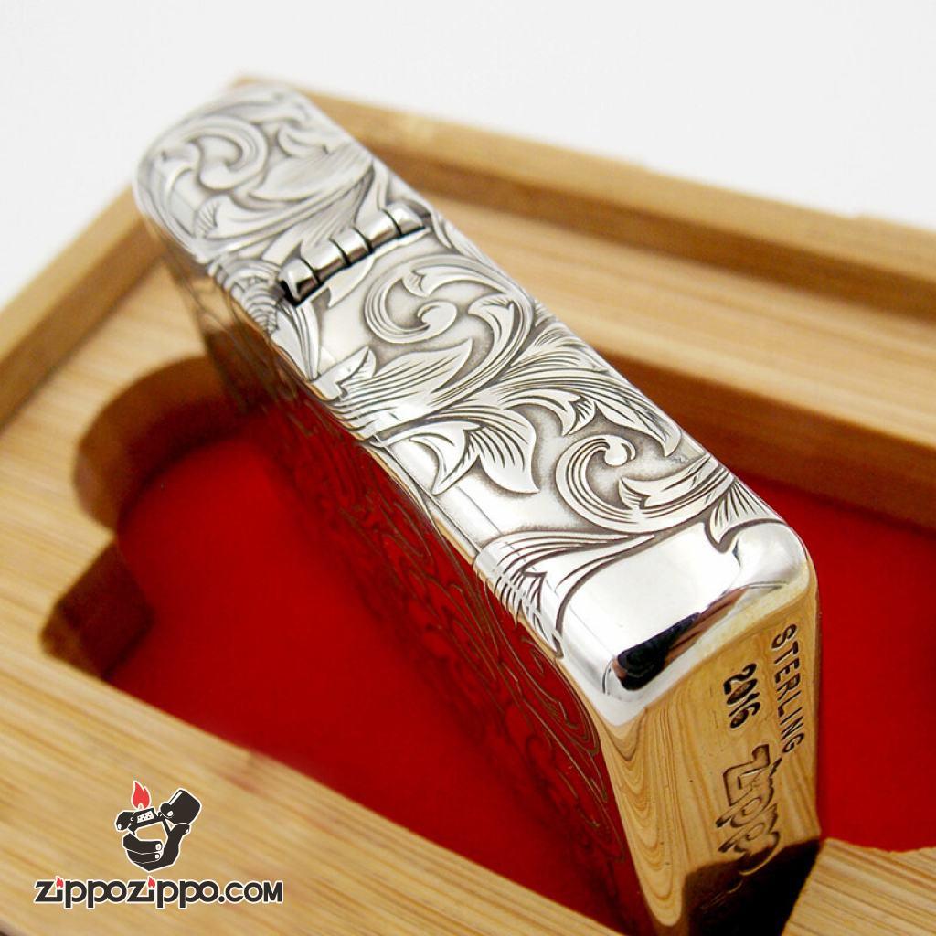 Bật lửa Zippo Bạc Nguyên Khối Cao Cấp Khắc Hoa Văn Tình Yêu Cẩm Chướng Bản Vỏ Mỏng