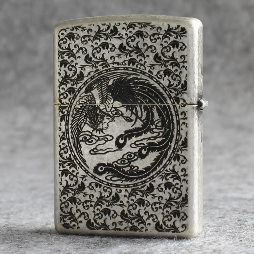 Bật lửa Zippo Chính Hãng Khắc Rồng Phượng Mạ Antique Silver