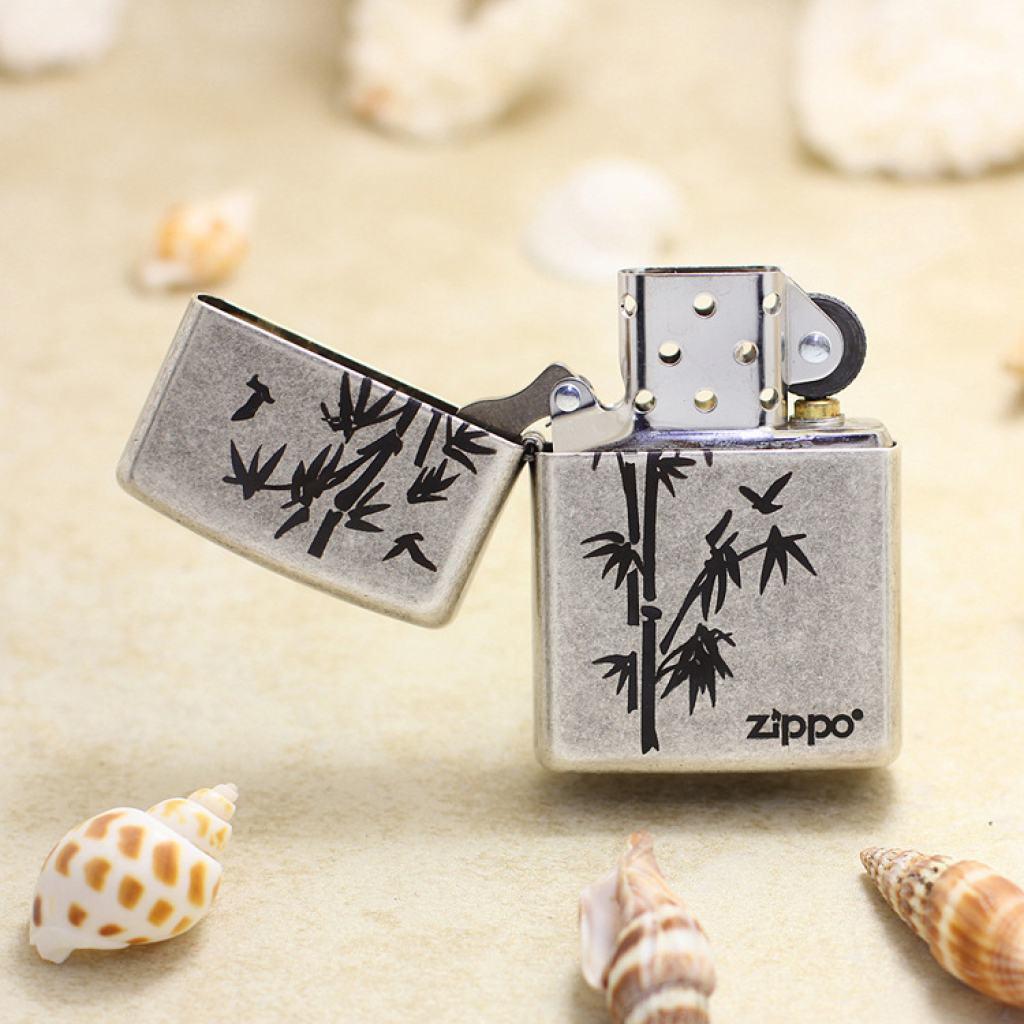 Bật Lửa Zippo Chính Hãng Khắc Cây Tre Mạ Antique Silver