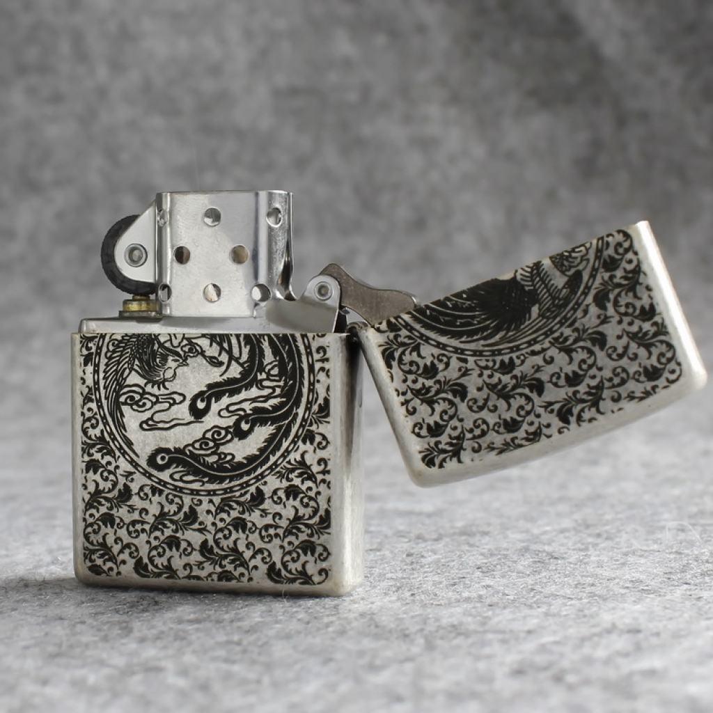 Bật lửa Zippo Chính Hãng Khắc Rồng Phượng Mạ Antique Silver