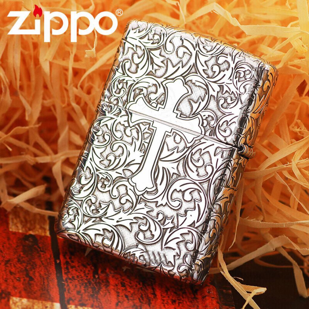 Bật Lửa Zippo Bạc Nguyên Khối Cao Cấp Khắc Hoa Văn Xung Quanh Thánh Giá  Vỏ Dầy Bản Armor