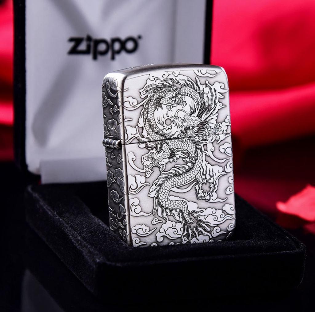 Bật Lửa Zippo Bạc Nguyên Khối Cao Cấp Khắc Rồng Nhả Ngọc  Phiên Bản 1941