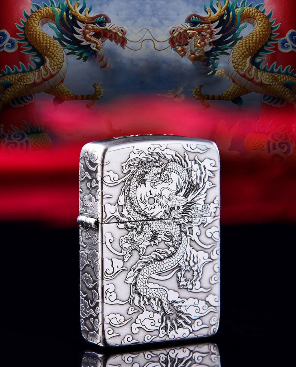 Bật Lửa Zippo Bạc Nguyên Khối Cao Cấp Khắc Rồng Nhả Ngọc  Phiên Bản 1941