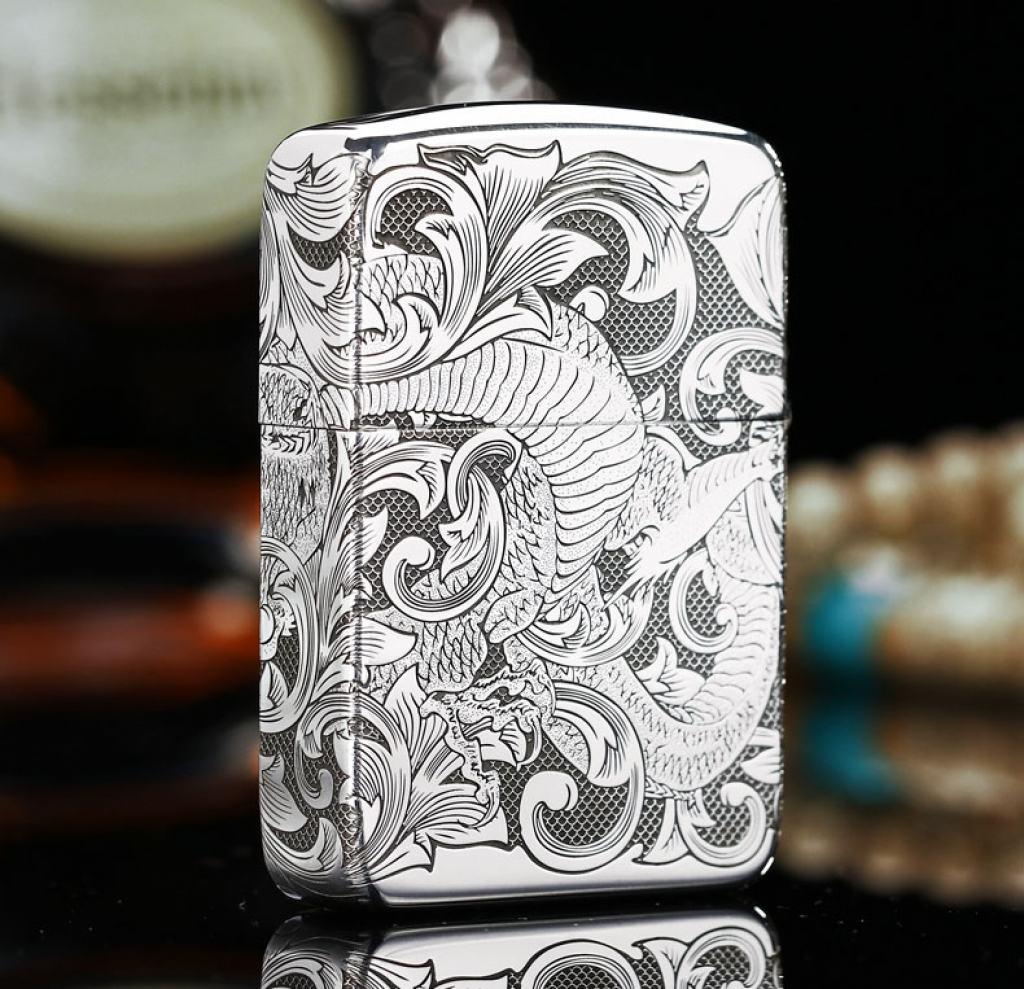 Bật Lửa Zippo Bạc Nguyên Khối Cao Cấp Khắc Rồng Quấn Quanh Phiên Bản 1941