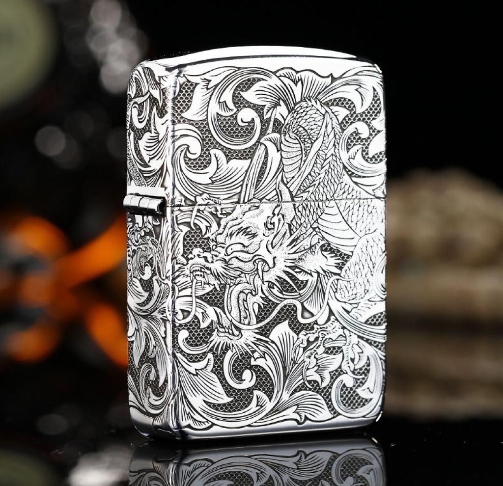 Bật Lửa Zippo Bạc Nguyên Khối Cao Cấp Khắc Rồng Quấn Quanh Phiên Bản 1941