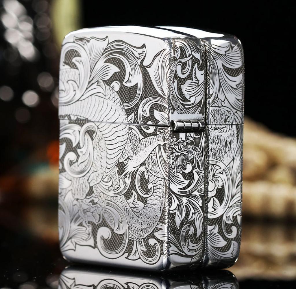 Bật Lửa Zippo Bạc Nguyên Khối Cao Cấp Khắc Rồng Quấn Quanh Phiên Bản 1941