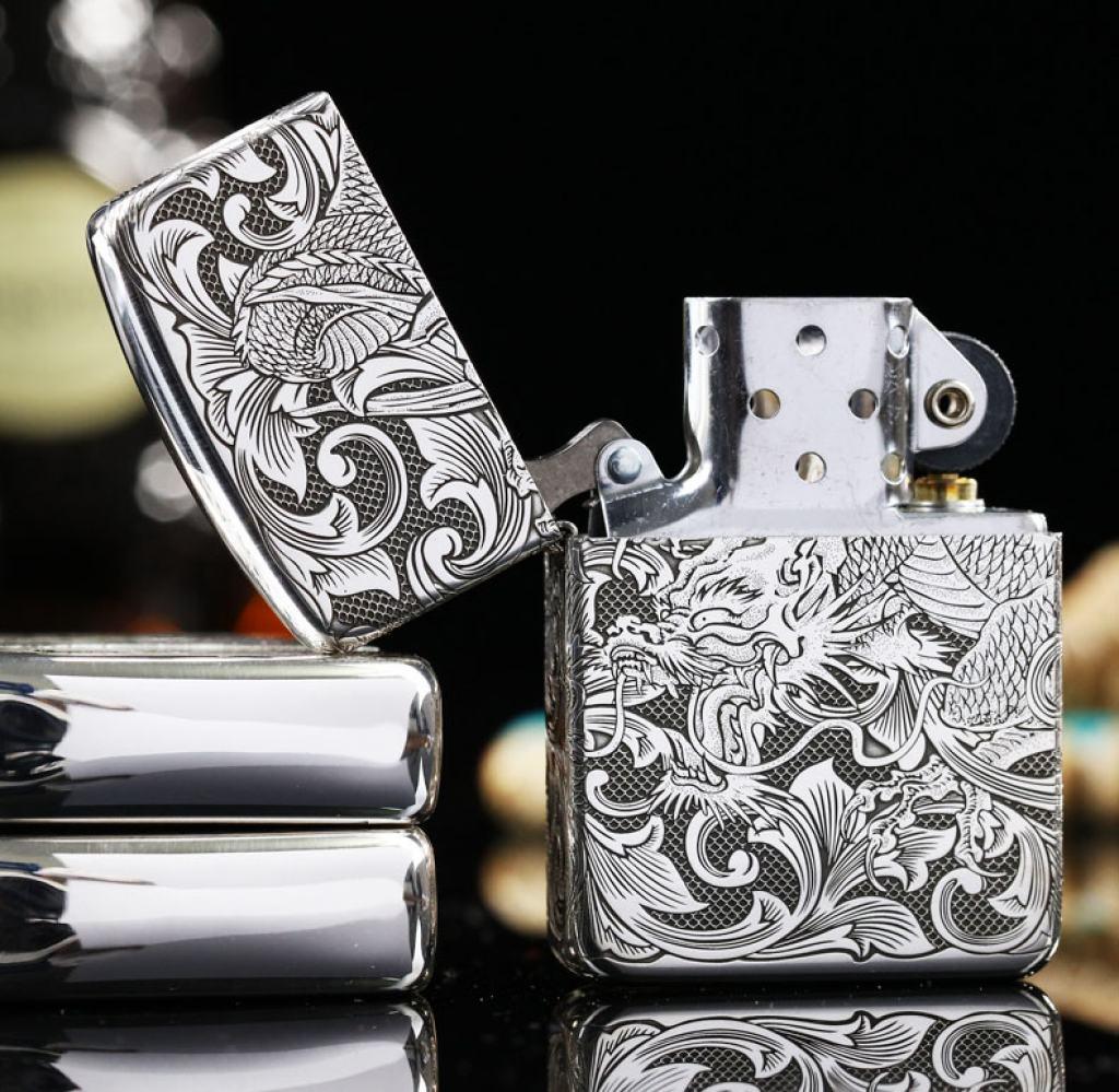 Bật Lửa Zippo Bạc Nguyên Khối Cao Cấp Khắc Rồng Quấn Quanh Phiên Bản 1941