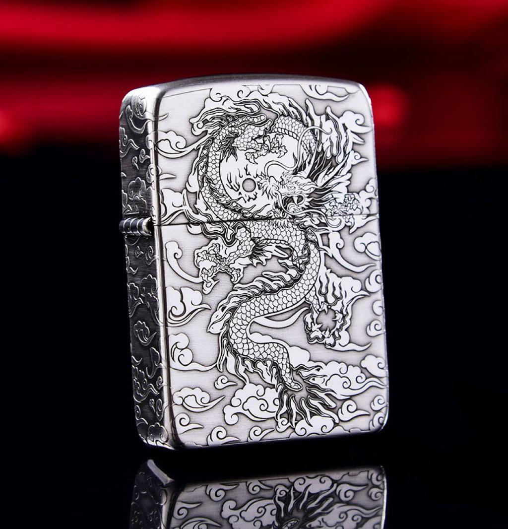 Bật Lửa Zippo Bạc Nguyên Khối Cao Cấp Khắc Rồng Nhả Ngọc  Phiên Bản 1941