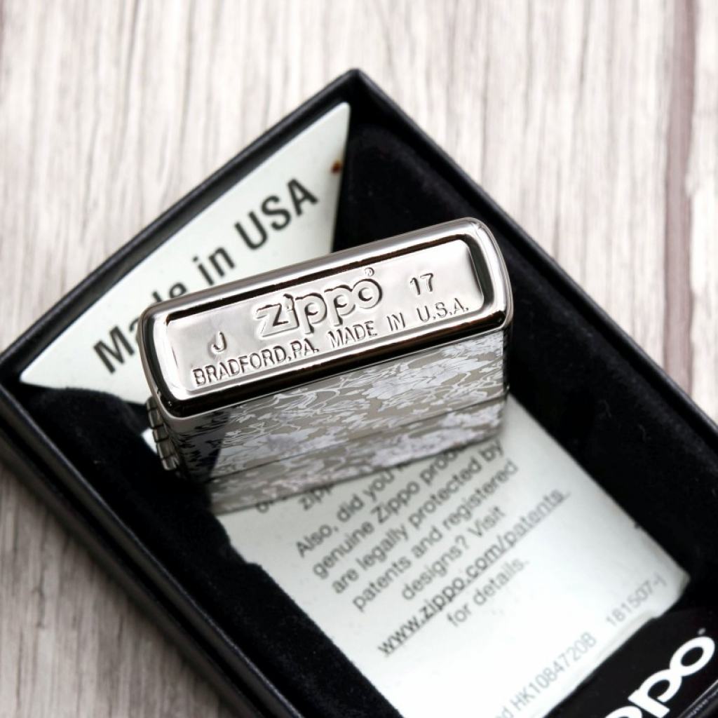 Bật Lửa Zippo Chính Hãng Khắc Hoa Mẫu Đơn Đen Bóng