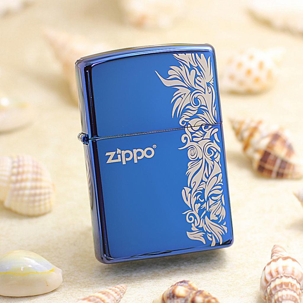 Bật Lửa Zippo Chính Hãng Khắc Hoa Văn Cạnh Màu Xanh Dương