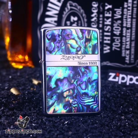 Bật Lửa Chính Hãng khảm Trai Cổ Điển Kiểu Dáng Dầu Hoả Loang Trên Mặc Zippo