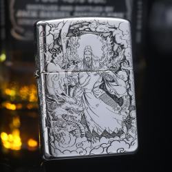 Bật Lửa Zippo Bạc Khối Cao Cấp Khắc Hình Quan Vân Trường Bản Vỏ Mỏng - Mã SP: ZPC2221