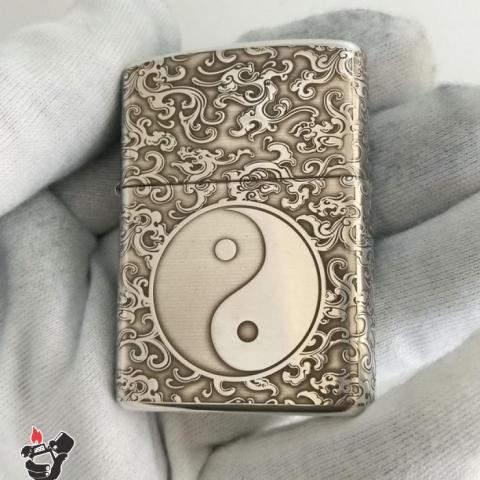 Bật Lửa Zippo Bạc Nguyên Khối Cao Cấp Khắc Bát Quái Âm Dương Armor