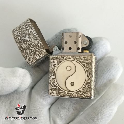 Bật Lửa Zippo Bạc Nguyên Khối Cao Cấp Khắc Bát Quái Âm Dương Armor