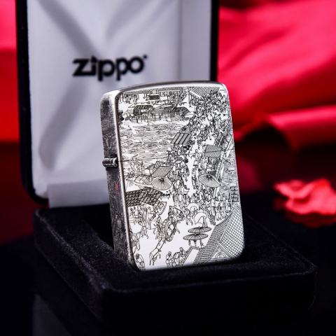 Bật Lửa Zippo Bạc Nguyên Khối Cao Cấp Khắc Bức Tranh Cổ  Phiên Bản 1941