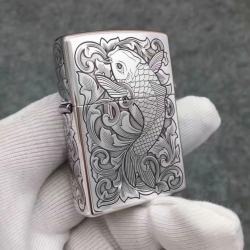Bật Lửa Zippo Bạc Nguyên Khối Cao Cấp Khắc Cá Chép Vỏ Dầy Bản  Armor - Mã SP: ZPC2837-A