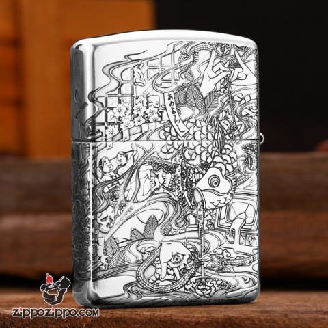 Bật lửa Zippo Bạc Nguyên Khối Cao Cấp Khắc Cô Gái Và Chú Sói Bản Vỏ Mỏng