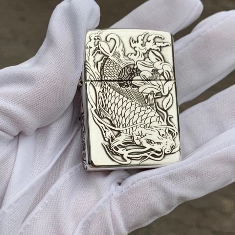 Bật lửa Zippo Bạc nguyên khối cao cấp khắc Hình Cá Chép Cạnh Viền Bản Vỏ Dầy Armor