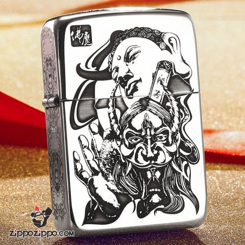 Bật Lửa Zippo Bạc Nguyên Khối Cao Cấp Khắc Hình Đức Phật Và Ác Quỷ Bản 1941