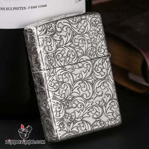 Bật Lửa Zippo Bạc Nguyên Khối Cao Cấp Khắc Hoa Văn Arabesque Vỏ Mỏng