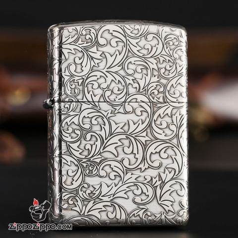 Bật Lửa Zippo Bạc Nguyên Khối Cao Cấp Khắc Hoa Văn Arabesque Vỏ Mỏng