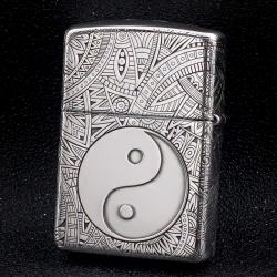 Bật Lửa Zippo Bạc Nguyên Khối Cao Cấp Khắc Hoa Văn Bát Quái Vỏ Dầy Bản Armor - Mã SP: ZPC2846-A
